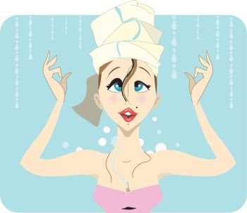 Young woman brunette in the shower, looking at a curly swirl of hair going down her nose, with a silly look on her face. Illustration vector.