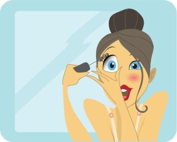 Vector illustration of a cute brunette with large blue eyes applying mascara or eyeliner in a mirror, with a funny look on her face.