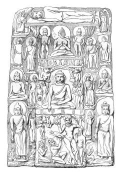 Bas relief Museum of Calcutta, Episodes from the life of Shakyamuni, vintage engraved illustration. Magasin Pittoresque 1861.
