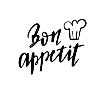 Bon appetit lettering calligraphy phrase. Enjoy your meal on French. Black brush text and chef hat isolated on white background. Bon appetit lettering calligraphy phrase. Enjoy your meal on French.