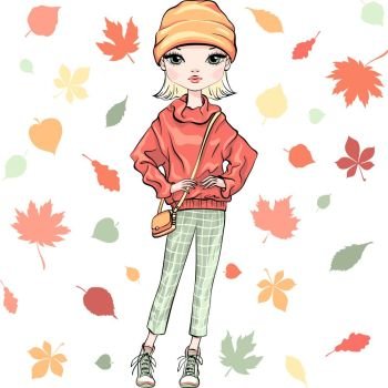 Vector beautiful fashion hipster girl top model in autumn clothes with bag, hat and sneakers, warm sweater and jeans. Vector fashion girl in autumn clothes