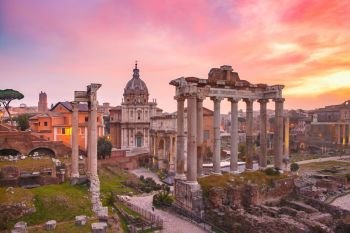 Ancient ruins of a Roman Forum or Foro Romano at sunsrise in Rome, Italy. View from Capitoline Hill. Ancient ruins of Roman Forum at sunrise, Rome, Italy