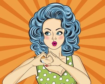 Pop art woman making heart sign with hands. Comic woman . Pin up girl. Positive human emotion. Vector format