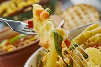 Cheesy Tex Mex Chicken Penne, Tex-Mex  cuisine, Traditional assorted dishes, Top view.