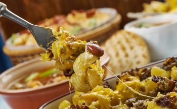 Taco Macaroni Casserole,macaroni and cheese ,  Tex-Mex  cuisine, Traditional assorted dishes, Top view.