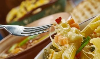 Cheesy Tex Mex Chicken Penne, Tex-Mex  cuisine, Traditional assorted dishes, Top view.