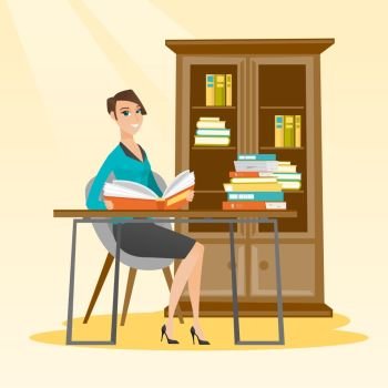 Student sitting at the table and holding a book in hands. Smiling student reading a book. Student reading a book and preparing for exam in the library. Vector flat design illustration. Square layout.. Student reading book vector illustration.