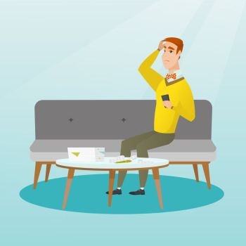 Unhappy caucasian man calculating home bills. Worried young man sitting on a sofa and accounting costs for paying home bills and mortgage. Vector flat design illustration. Square layout.. Unhappy caucasian man accounting home bills.