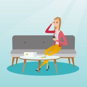 Unhappy caucasian woman calculating home bills. Worried young woman sitting on a sofa and accounting costs for paying home bills and mortgage. Vector flat design illustration. Square layout.. Unhappy caucasian woman accounting home bills.