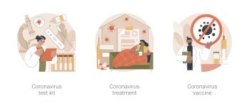 Covid19 pandemic abstract concept vector illustration set. Coronavirus test kit, covid19 treatment and vaccine, intensive therapy, lung ventilation, medical laboratory, healthcare abstract metaphor.. Covid19 pandemic abstract concept vector illustrations.