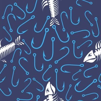 White Fish Bone Skeleton and Fishing Hooks Seamless Pattern Isolated on Blue Background. Sea Fishes Icons.. White Fish Bone Skeleton and Fishing Hooks Seamless Pattern. Sea Fishes Icons.