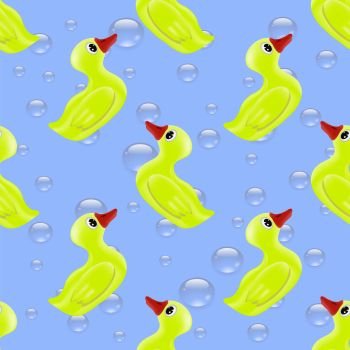 Funny Rubber Yellow Duck Seamless Pattern on Blue Bubble Background for Fabric and Decor. Funny Rubber Yellow Duck Seamless Pattern