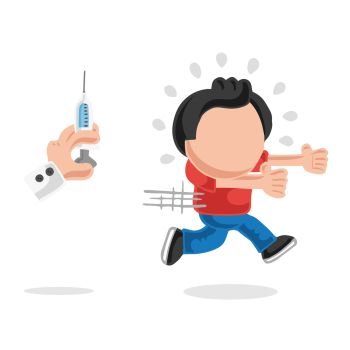 Vector hand-drawn cartoon illustration of man afraid and running from doctor’s syringe.