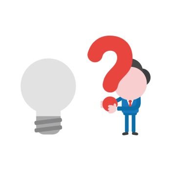 Vector illustration businessman character with grey light bulb and holding question mark.
