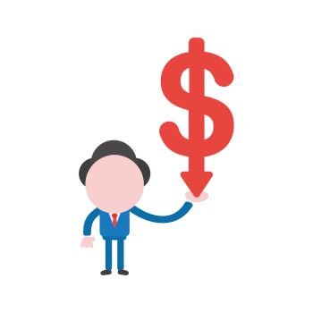 Vector illustration businessman character holding dollar arrow moving down.