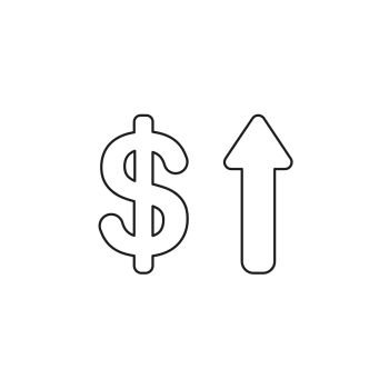 Vector illustration icon concept of dollar with arrow moving up. Black outlines.
