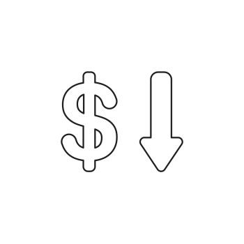 Vector illustration icon concept of dollar with arrow moving down. Black outlines.