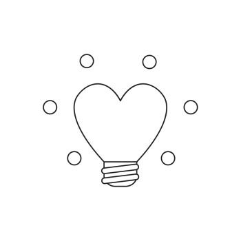 Vector illustration icon concept of heart shaped glowing light bulb. Black outlines.