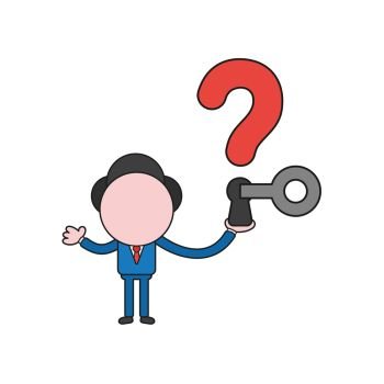 Vector illustration concept of businessman character holding question mark with keyhole and key unlock. Color and black outlines.