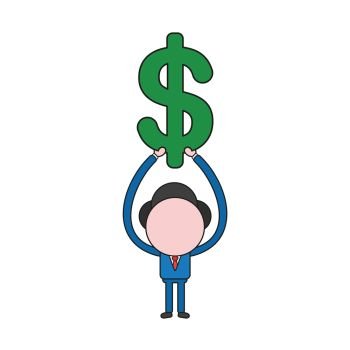 Vector illustration concept of businessman character holding up dollar symbol. Color and black outlines.