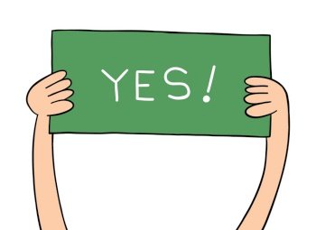 Cartoon holding up yes sign, vector illustration. Colored and black outlines.