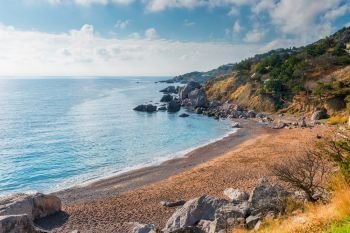 View of the empty bay at the foot of the mountains, the picturesque seascape of the Crimea, Russia