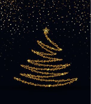 Vector illustration abstract golden christmas tree on blue background. Golden light decoration. Christmas tree as symbol. Golden christmas tree