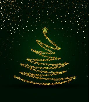 Vector illustration abstract golden christmas tree on green background. Golden light decoration. Christmas tree as symbol. Golden christmas tree