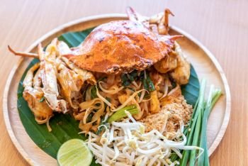Pad thai, stir fried noodle, with blue crab. Thai eastern tradinational food cuisine