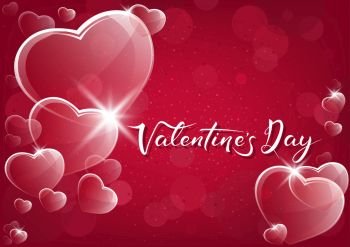 Red Valentine Background with Glassy Hearts