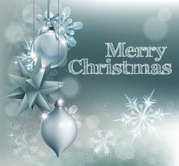 Christmas snowflake and decoration background with Merry Christmas message and silver baubles. Christmas snowflake and decoration background