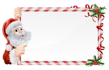 Christmas Santa Claus Sign illustration with Santa peeping round a sign decorated with Christmas Holly sprigs. Christmas Santa Claus Sign