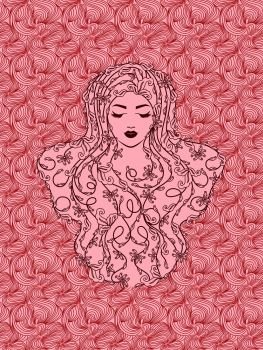 Charming girl with floral luxuriant wavy hair and closed eyes on the decorative background in red hues, hand drawing vector