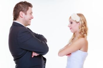 Relationship problems and troubles concept. Groom and bride having quarrel argument.. Groom and bride having quarrel argument