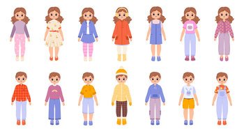 Fashion children, stylish toddler in sweater and dress. Summer outfit, kids wear winter clothes. Cartoon baby boy and girl, snugly vector set of fashion toddler stylish illustration. Fashion children, stylish toddler in sweater and dress. Summer outfit, kids wear winter clothes. Cartoon baby boy and girl, snugly vector set