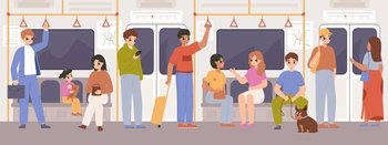People in public transport, holding in bus or train. Metro travel, transportation service in city. Inside transport, urban subway snugly vector scene of public city travel illustration. People in public transport, holding in bus or train. Metro travel, transportation service in city. Inside transport, urban subway snugly vector scene