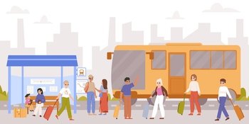 People travel bus. Public transport and person with suitcases. Urban transportation, adults and kids on station. City traffic snugly vector concept of bus travel, stop transit station illustration. People travel bus. Public transport and person with suitcases. Urban transportation, adults and kids on station. City traffic snugly vector concept