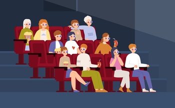 People group watching movie in cinema. Seat with popcorn in movie theater, girls and boys watch show. Friends entertainment snugly vector scene of theater entertainment illustration. People group watching movie in cinema. Seat with popcorn in movie theater, girls and boys watch show. Friends entertainment snugly vector scene
