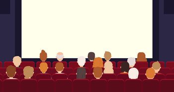 Movie theater interior, cinema empty screen and audience. People watch film sitting back in red seats. Snugly vector entertainment banner and screen empty, theater cinema interior illustration. Movie theater interior, cinema empty screen and audience. People watch film sitting back in red seats. Snugly vector entertainment banner