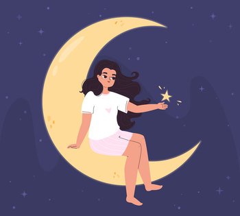 Girl dream on moon, woman at night sit on crescent and holding star. Imagine or sleep, cartoon magic nighttime concept. Imagination snugly vector scene of night moon and girl illustration. Girl dream on moon, woman at night sit on crescent and holding star. Imagine or sleep, cartoon magic nighttime concept. Imagination snugly vector scene