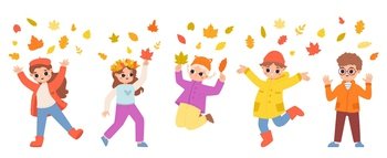 Kids jumping under falling autumn leaves. November season, play and gathering fall leaf. Seasonal happy cartoon children snugly vector characters. Illustration of children girl and boy in park. Kids jumping under falling autumn leaves. November season, play and gathering fall leaf. Seasonal happy cartoon children snugly vector characters