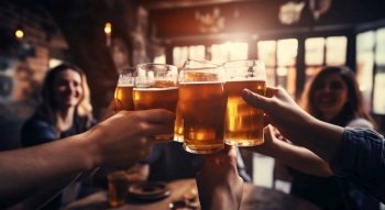 Cheers to Friendship: Hand Raising Beer Glass Amidst Jubilant Pals. Generative ai. High quality illustration. Cheers to Friendship: Hand Raising Beer Glass Amidst Jubilant Pals. Generative ai