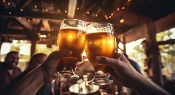 Cheers to Friendship: Hand Raising Beer Glass Amidst Jubilant Pals. Generative ai. High quality illustration. Cheers to Friendship: Hand Raising Beer Glass Amidst Jubilant Pals. Generative ai