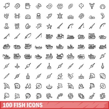 100 fish icons set. Outline illustration of 100 fish icons vector set isolated on white background. 100 fish icons set, outline style