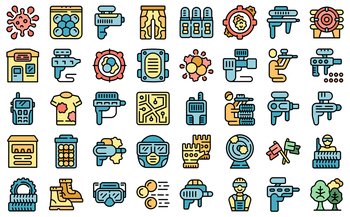 Paintball icons set outline vector. Action player. Extreme shooting thin line color flat on white. Paintball icons set vector flat