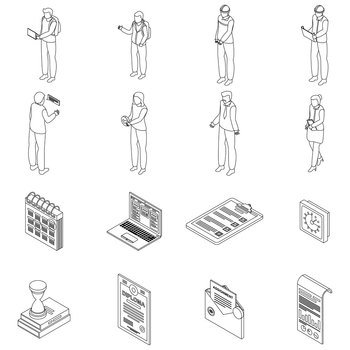 Assignment icons set. Isometric set of assignment vector icons for web design isolated on white background outline. Assignment icons set vector outline