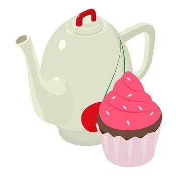Fruit tea icon isometric vector. White porcelain teapot and chocolate muffin. Dessert and tea drink. Fruit tea icon isometric vector. White porcelain teapot and chocolate muffin