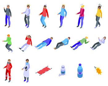 Fainting icons set isometric vector. Person accident. Sleep man. Fainting icons set isometric vector. Person accident