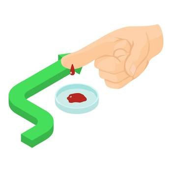 Blood analysis icon isometric vector. Finger with blood drop above petri dish. Laboratory, prevention concept. Blood analysis icon isometric vector. Finger with blood drop above petri dish