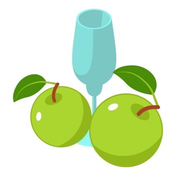 Apple drink icon isometric vector. Glass goblet near fresh green apple with leaf. Beverage concept, natural ingredient. Apple drink icon isometric vector. Glass goblet near fresh green apple with leaf